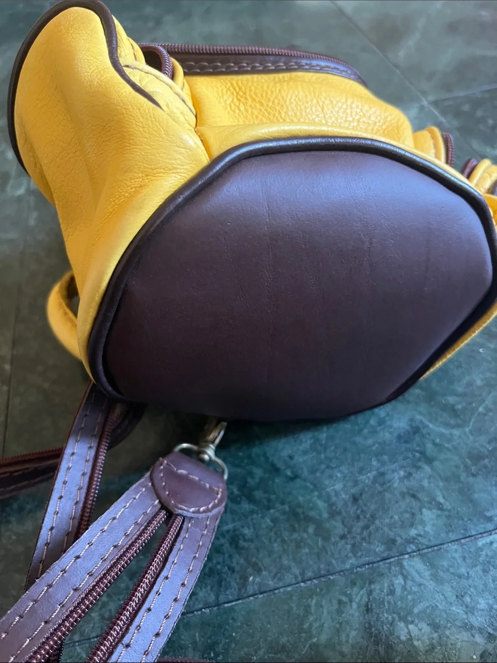 Yellow Leather Backpack with Dark Brown Trim and Top Handle